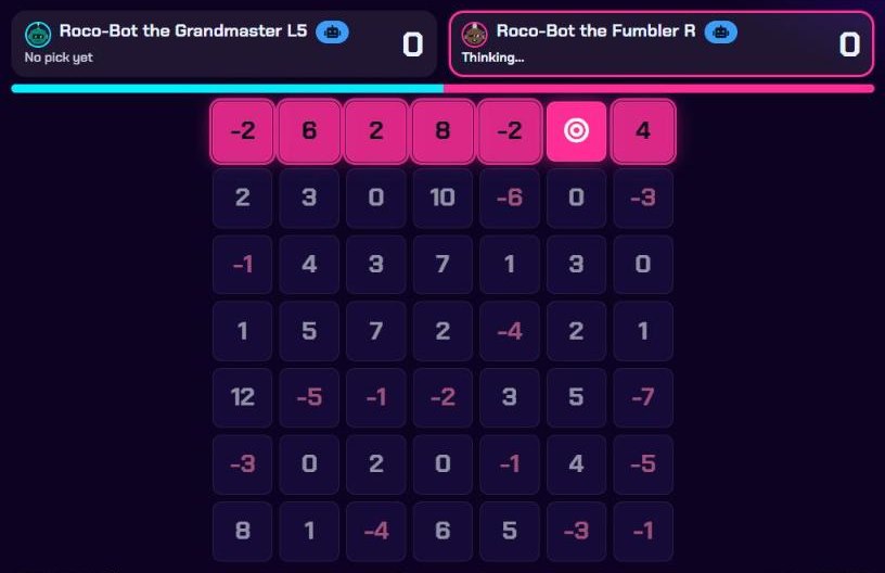 A Rocolex match in progress: two players above a 7 by 7 grid of numbers.